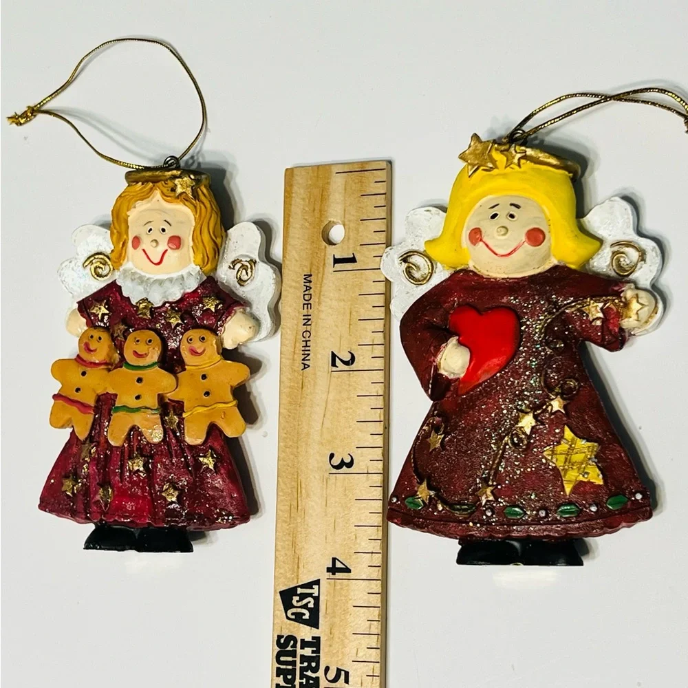 Festive Angel Ornaments 5 Inches Tall with Red Dresses Lot of Two